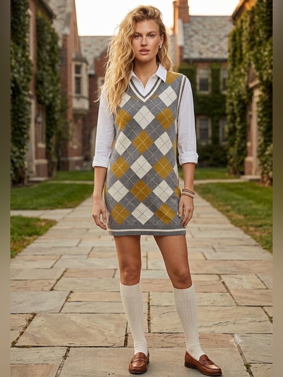 Willow & Wind Sweaters - Argyle Sweater Vest Dress Gray Mustard V-Neck Knit Sleeveless Size L